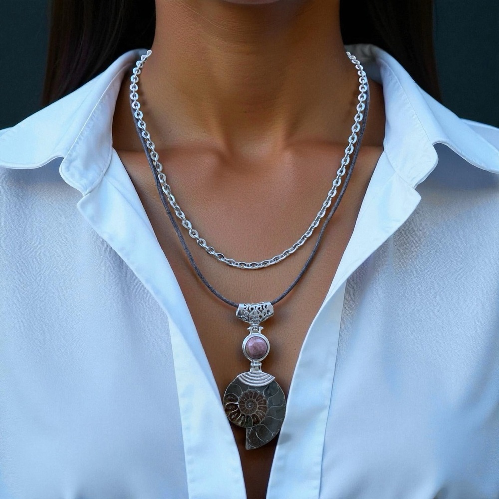 Artisan Ammonite and Dusty Rose Gemstone Two Layer Pendant Necklace